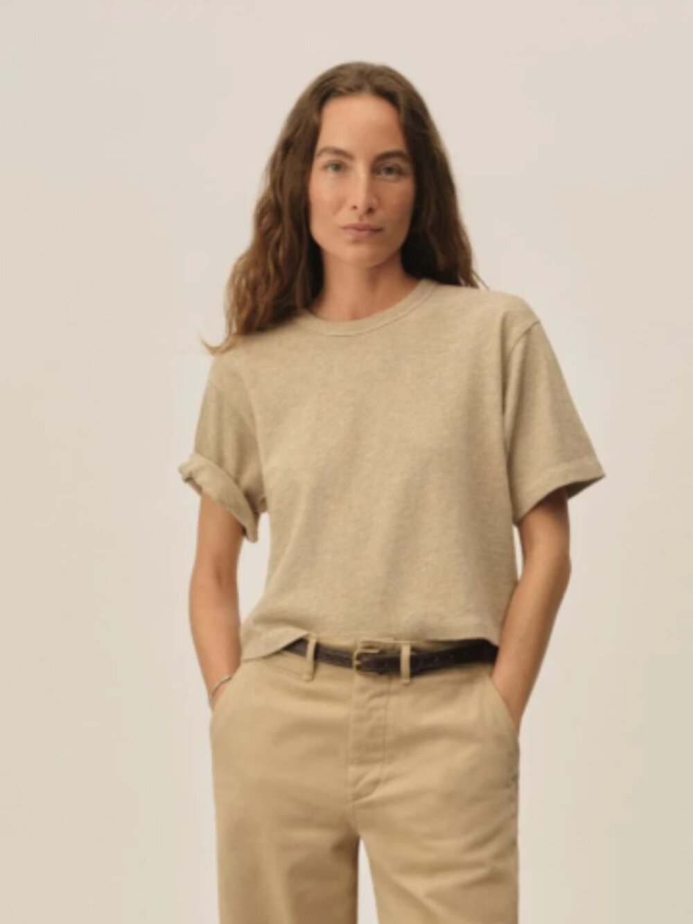 Buck Mason Field-Spec Boyfriend Crop Tee Tan Sz L